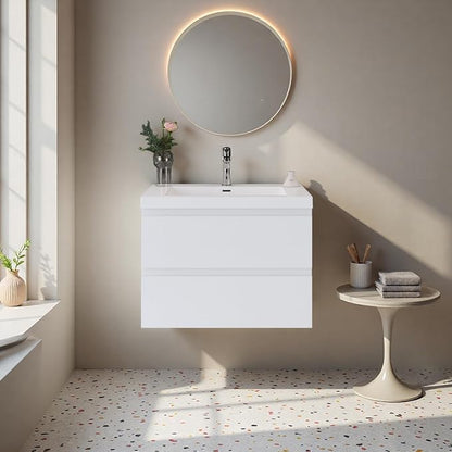 Bathroom Vanity with Sink, 30" Wall-Mounted Bathroom Storage Cabinet with Resin Basin & 2 Soft-Close Drawers, Modern Stylish Floating Vanity with Open Back Design, Easy to Clean, White