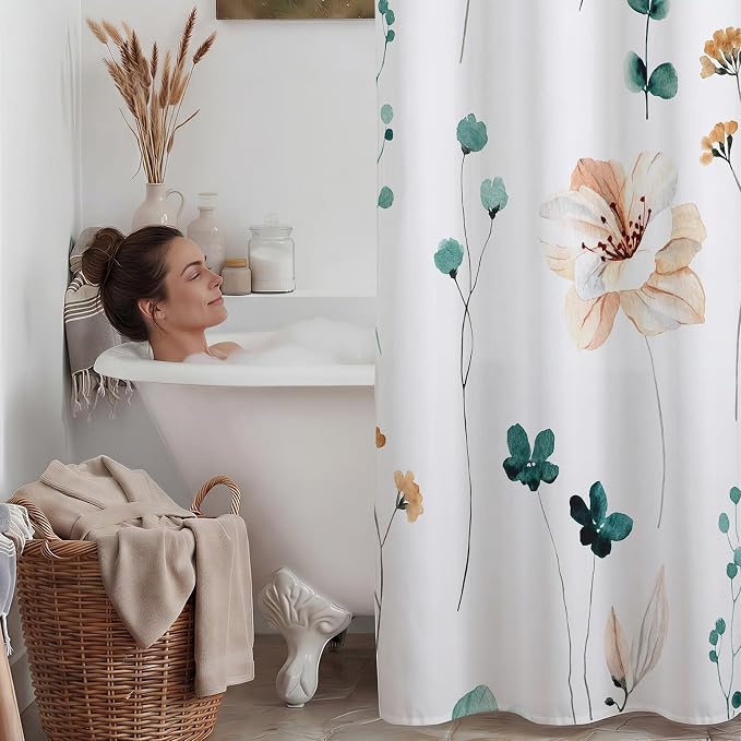 No Hook Floral Shower Curtain with Liner, Teal, 71x74 | Snap in Liner, 3 in 1, Water Repellent, Easy Install, Machine Washable, Hotel Style for Bathroom, Watercolor Pattern
