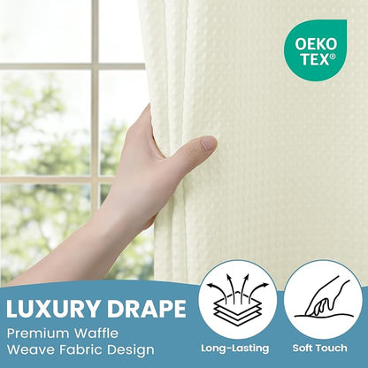 SORTTO No Hook Shower Curtain with Snap in Liner Set Waffle Shower Curtain for Bathroom Hotel Style Fabric Waterproof Inner Liner，71" W x 74" H, Ivory