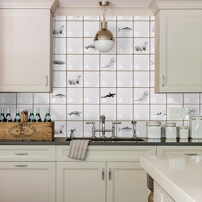 Alwayspon Vinyl Sticker Peel and Stick, Self-Adhesive Wall Tile Transfers Backsplash Sticker Decal for Kitchen Bathroom, 6x6inch/15x15cm 30Pcs, Marine Lives T034