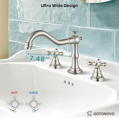 gotonovo Bathroom Faucet 3 Hole 8 Inch Widespread Bathroom Sink Faucet 2 Cross Handles Vintage Lavatory Vanity Mixer Tap with Pop Up Drain, H C Label, Brushed Nickel