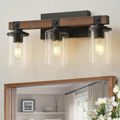 Bathroom Light Fixtures Over Mirror Black Farmhouse Vanity Lights 3 Light | Rustic Vintage Wood Bathroom Wall Light Fixtures with Clear Glass Shade for Restroom Bedroom Hallway