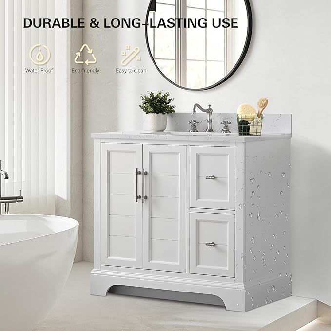 HOMEBEYOND 36 Inch Bathroom Vanity with Single Sink & Ceramic Top, Vanity Cabinet with Center Countertop Basin, Soft-Closing Doors, Backsplash, White