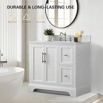 HOMEBEYOND 36 Inch Bathroom Vanity with Single Sink & Ceramic Top, Vanity Cabinet with Center Countertop Basin, Soft-Closing Doors, Backsplash, White