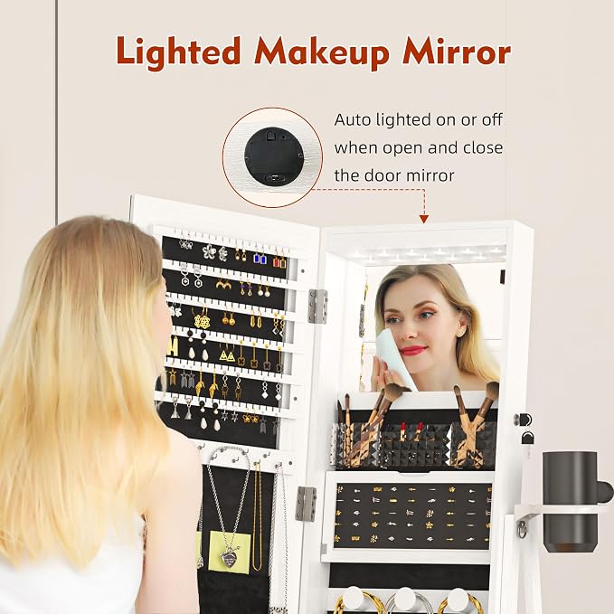 NUNU LAB 360° Swivel Mirror Jewelry Cabinet Standing 6 LEDs with Built-In Mirror, Full Length Mirror Jewelry Organizer with Lockable Storage& Drawer, Jewelry Armoire with Rear 3 Storage Shelves, White