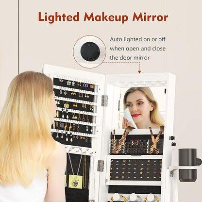 NUNU LAB 360° Swivel Mirror Jewelry Cabinet Standing 6 LEDs with Built-In Mirror, Full Length Mirror Jewelry Organizer with Lockable Storage& Drawer, Jewelry Armoire with Rear 3 Storage Shelves, White
