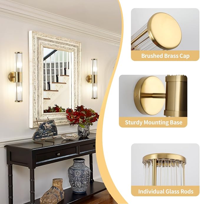 Modern Brushed Brass Vanity Light Fixture 1 Pack, Dual Glass Rods Wall Sconce for Bathroom, Double Light Socket E12 Candelabra Base, Mirror Vanity Lighting (Bulbs Not Included)