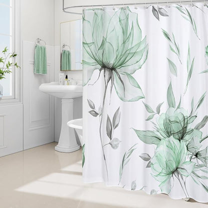 Litabel Extra Long Boho Watercolor Floral Shower Curtain 72 x 84, Green and Grey Ink Painting Style Flower Shower Curtains for Chic Elegant Bathroom, Artistic XL Fabric Cloth Shower Curtain
