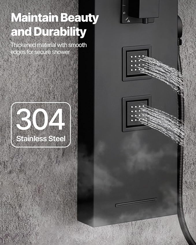 VEVOR Shower Panel Tower System with Rainfall Shower Head, 49 in Brushed Stainless Steel Shower Column, 4-Function Faucet, Wall-Mount Rain Massage System, with 4 Body Jets, Handheld, and Tub Spout