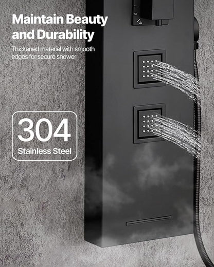 VEVOR Shower Panel Tower System with Rainfall Shower Head, 49 in Brushed Stainless Steel Shower Column, 4-Function Faucet, Wall-Mount Rain Massage System, with 4 Body Jets, Handheld, and Tub Spout