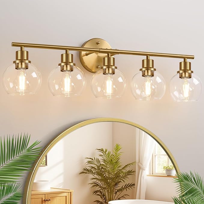 Indoi 5-Light Bathroom Light Fixture, Modern Brushed Gold Bathroom Lights Over Mirror with Clear Glass Globe Shades, Vanity Lighting Fixtures for Kitchen, Living Room, Hallway, Bedroom, Porch