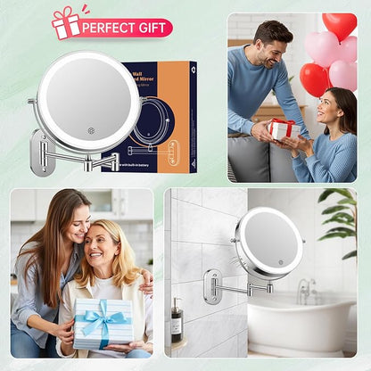 FUNTOUCH 5000mAh Rechargeable Wall Mounted Makeup Mirror with Lights,Double Sided 1X/30X Magnification,3 Color Lights,Touch Dimmable,Extended Arm 360 Rotation Lighted Bathroom Mirror