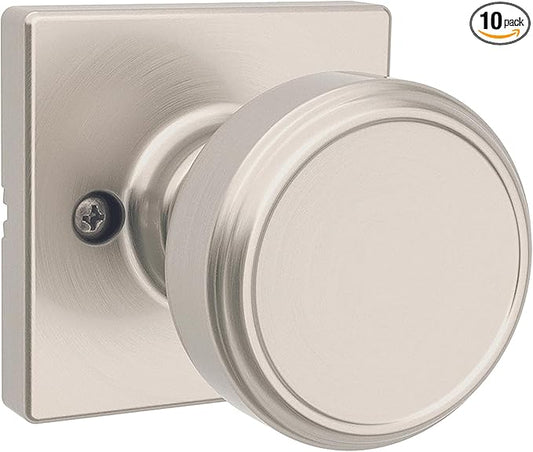 Kwikset Maven Dummy Door Knob, Single Sided Handle for Closets, French Double Doors, and Pantry, Satin Nickel Non-Turning Square Interior Push/Pull Door Knob, with Microban Protection (Pack of 10)
