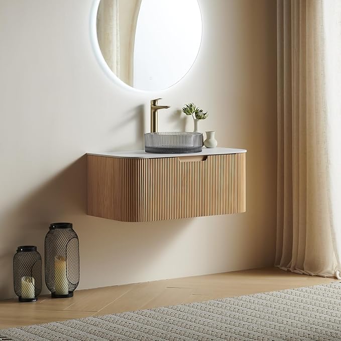 36" Floating Bathroom Vanity with Sink, Nature Wood Plywood Base | Plywood Cabinet, Single Sink, Doubel Sink, Ceramic Basin & Marble Countertop, Pre-Assembled