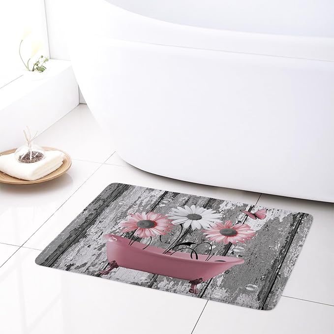 HVEST Farmhouse Pink Floral Bathroom Set With Shower Curtain and Rugs - Grey and White Daisy Flower in Bathtub With Butterfly on Vintage Wood - 70L X 70W Inch