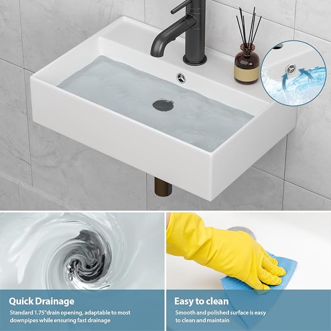 24x16 InchFloating Bathroom Sink Wall Mount Vessel Sink | Floating Wall Hung Sinks Rectangular Modern Vessel Sinks White Porcelain Lavatory Sink for Hotel & Residential Bathroom