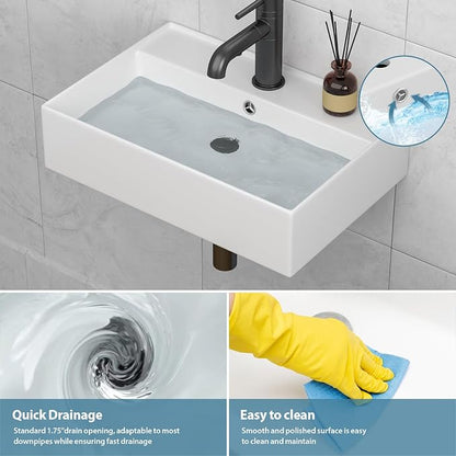 24x16 InchFloating Bathroom Sink Wall Mount Vessel Sink | Floating Wall Hung Sinks Rectangular Modern Vessel Sinks White Porcelain Lavatory Sink for Hotel & Residential Bathroom