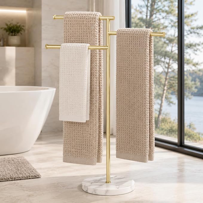 KES 40-Inch Freestanding Towel Rack with Weighted Marble Base, Brushed Gold | 10.2 Lb Natural Stone Base, 3 Swivel Arms, SUS304 Stainless Steel, Anti-Slip, Quick-Dry Design