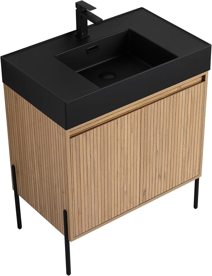 Crownpoint 30 Inch Bathroom Vanity with Sink, Black Sink, Bright Oak Finish, Full Assembly Required, Elegant Bathroom Vanities for Modern Homes