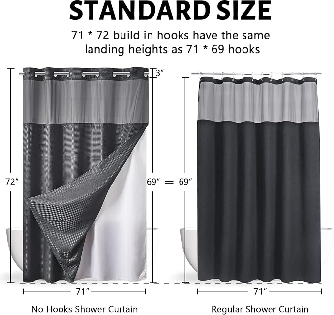Furlinic No Hook Shower Curtain with Snap in Fabric Liner Set,Waffle Weave Heavy Duty Bathroom Curtain with See Through Window,Waterproof & Machine Washable,Hotel Style,Light Dark Grey,71x72 Inch
