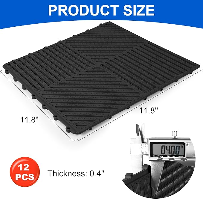 Modular Interlocking Cushion 12 Pack 11.8" x 11.8" Rubber Floor Tiles Non-Slip Splicing Drainage Mats for Deck, Pool, Shower, Patio, Balcony, Bathroom, Kitchen, Yard (Diagonal, Black)