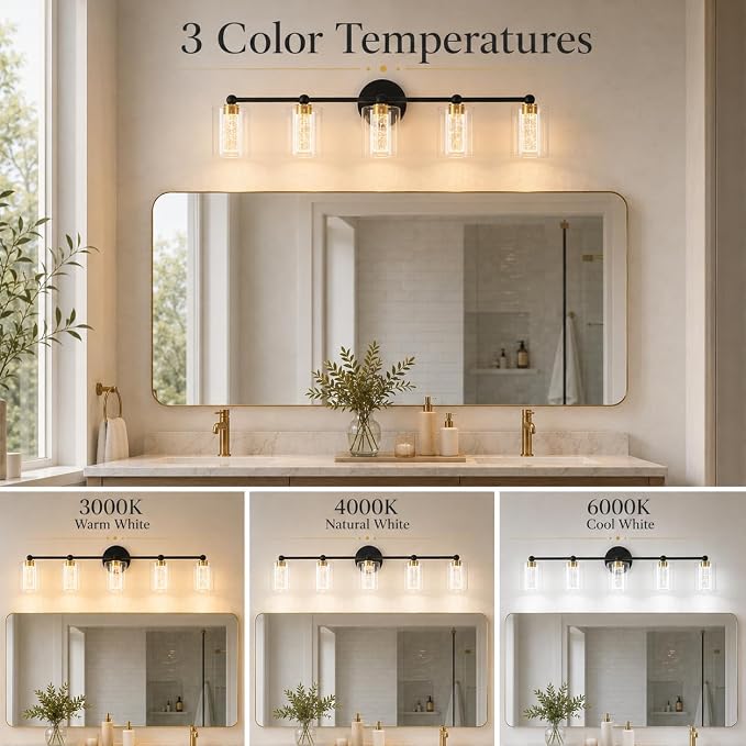 Black and Gold Vanity Light with 3 Color Modes, Eye Protection LED Bathroom Light Fixtures, Dimmable Modern Wall Light Over Mirror with Clear Glass Shade (Black & Gold, 5-Light)