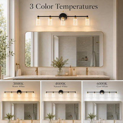 Black and Gold Vanity Light with 3 Color Modes, Eye Protection LED Bathroom Light Fixtures, Dimmable Modern Wall Light Over Mirror with Clear Glass Shade (Black & Gold, 5-Light)