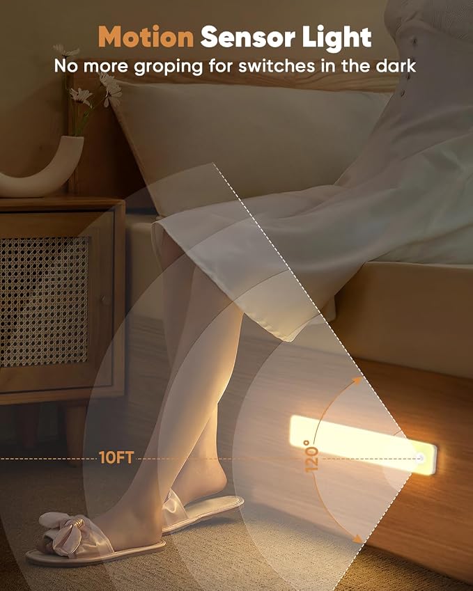 2 Pack Under Cabinet Lighting, Motion Sensor Light Indoor, Rechargeable Closet Lights Battery Operated, Wireless Dimmable LED Cabinet Lights, Under Counter Lights for Kitchen Warm Color
