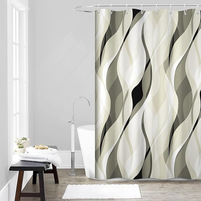 Light Green Shower Curtain, Modern Abstract Green and Grey Striped Shower Curtain Set for Bathroom Waterproof Shower Curtain with Hooks, 60x72 Inch