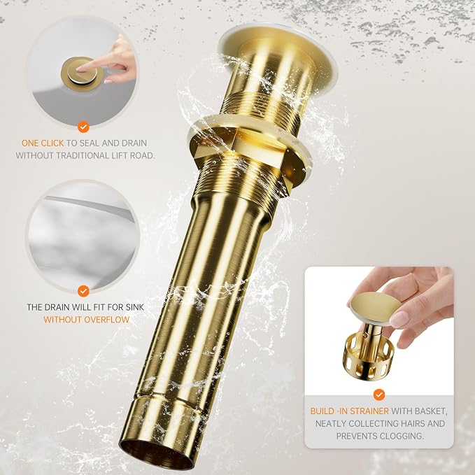 1 Hole Tall Bathroom Vessel Sink Faucet, Brushed Gold Single Hole Single Handle Vanity Faucet, with Pop Up Drain and Water Supply Line, FH02-BG-V
