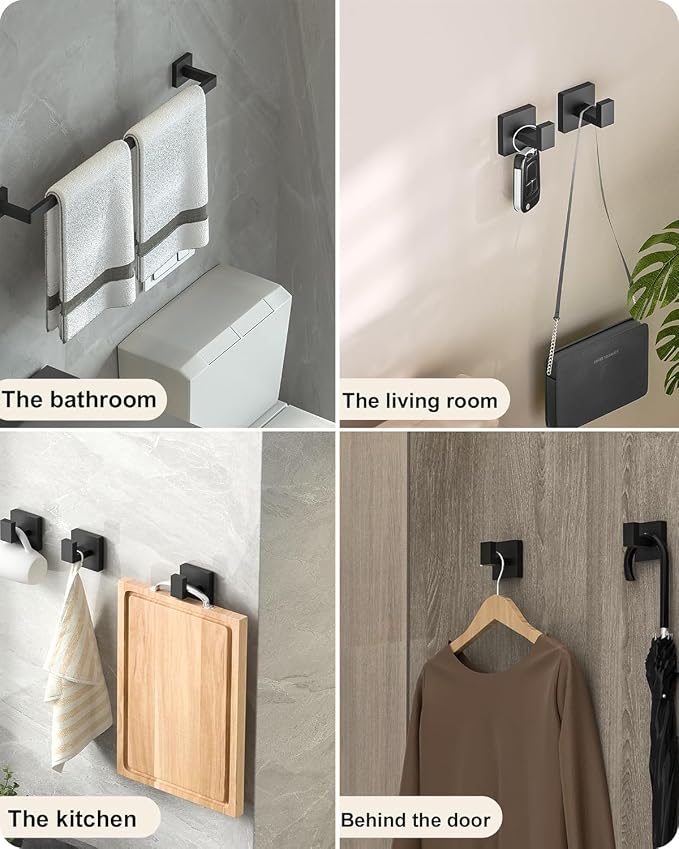10-Piece Matte Black Bathroom Hardware Set, 16" Towel Bar Set, Modern Square Bathroom Accessories Kit with 2 Toilet Paper Holders, 2 Towel Rings, 4 Robe Hooks Bathroom Accessories