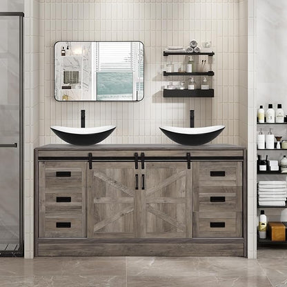 60" Barn Door Bathroom Vanity with 6 Drawers and Two Doors, Farmhouse Style Standing Pedestal Cabinet with Two Black and White Ceramic Boat Sink