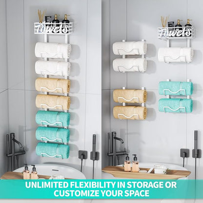HapiRm Over The Door Towel Rack - 8 Tier Wall Mount Rolled Towel Holder Storage Organizer Shelf with Storage Basket for Small Bathroom, Rv, Camper - White