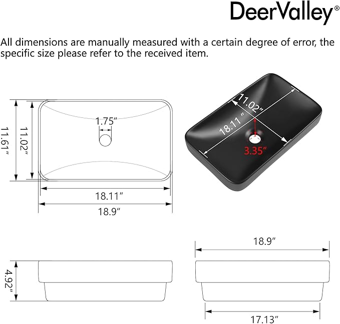 DeerValley Matte Black Semi-Recessed Rectangle Vessel Sink 18.9x11.61 Inch, Above Counter Ceramic Vanity Basin for Modern Bathroom Decor