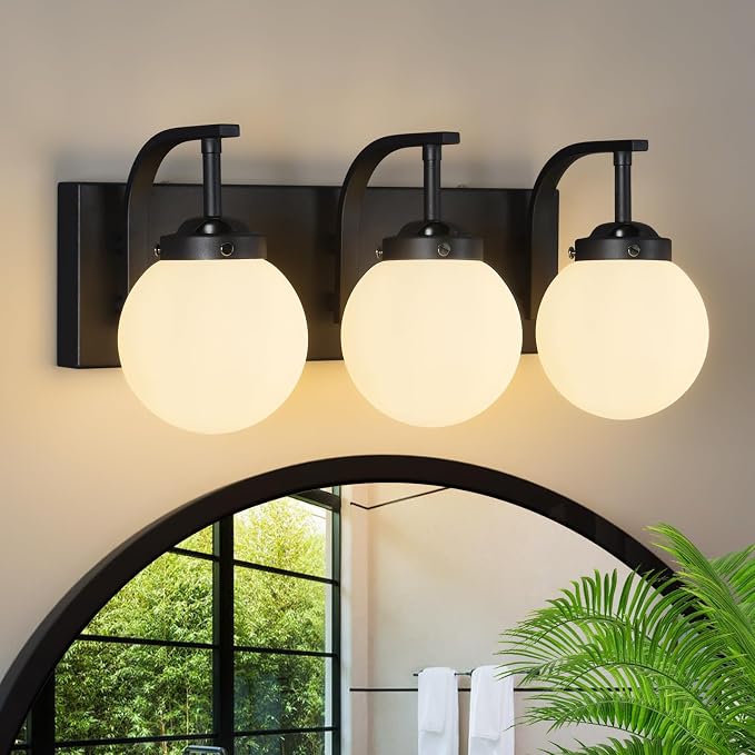 3 Lights Bathroom Vanity Light Fixtures Modern Sand Black Vanity Light with Milk White Glass Globe Shade Bathroom Lighting Over Mirror Wall Sconce for Bedroom Living Room Hallway