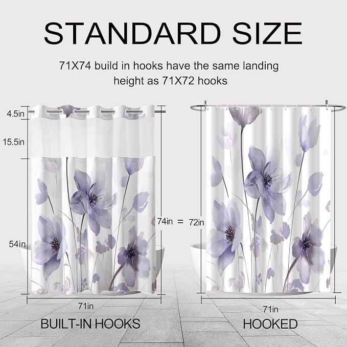 No Hook Shower Curtain and Liner Set, Purple Boho Floral 71x74 | Watercolor Boho Flower, with Snap in Liner, Waterproof, Machine Washable, Quick-Drying, for Hotel Bathroom