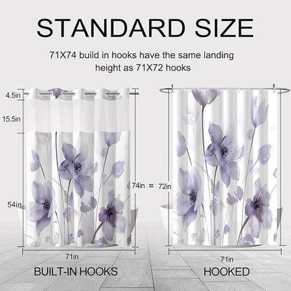 No Hook Shower Curtain and Liner Set, Purple Boho Floral 71x74 | Watercolor Boho Flower, with Snap in Liner, Waterproof, Machine Washable, Quick-Drying, for Hotel Bathroom