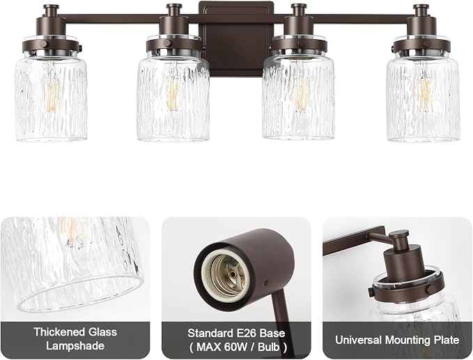 4 Light Bathroom Vanity Light Fixtures Farmhouse Oil Rubbed Bronze | ETL Certificate, Easy to Install,Wall Mount Up or Down,Hammered Glass Lampshade,E26 Socket,Hardwired,120V