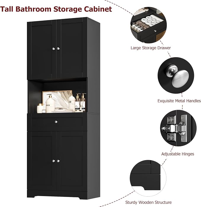 HIFIT Tall Bathroom Storage Cabinet with Drawer, Modern Linen Cabinet,Black | 67"H Tall Storage Cabinet with Doors & Shelves, Freestanding Kitchen Pantry for Bathroom, Dining Room, Laundry, Narrow Corner