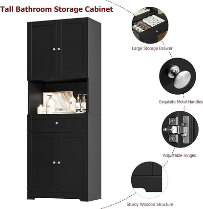 HIFIT Tall Bathroom Storage Cabinet with Drawer, Modern Linen Cabinet,Black | 67"H Tall Storage Cabinet with Doors & Shelves, Freestanding Kitchen Pantry for Bathroom, Dining Room, Laundry, Narrow Corner