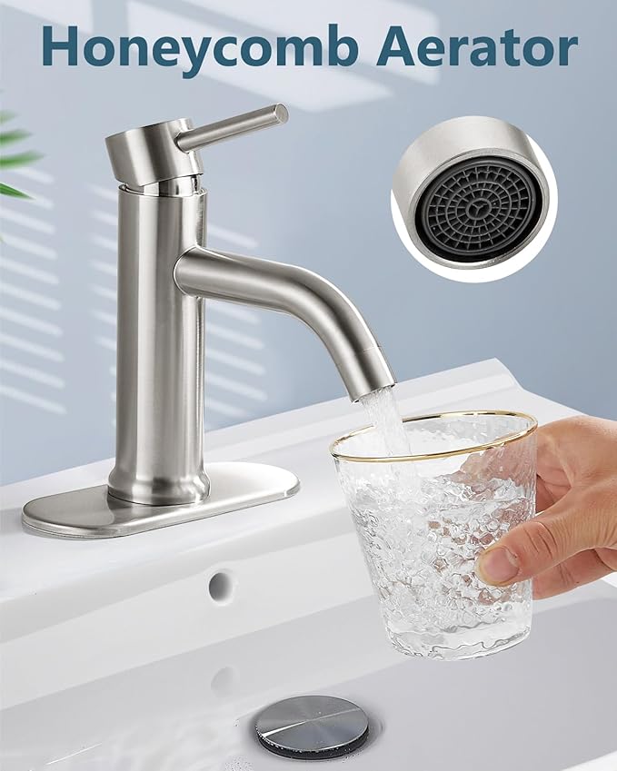 Aolemi Bathroom Faucet Single Hole,Single Handle Bathroom Sink Faucet with Supply Lines,with Pop Up Drain Assembly and Deck Plate,Brushed Nickel