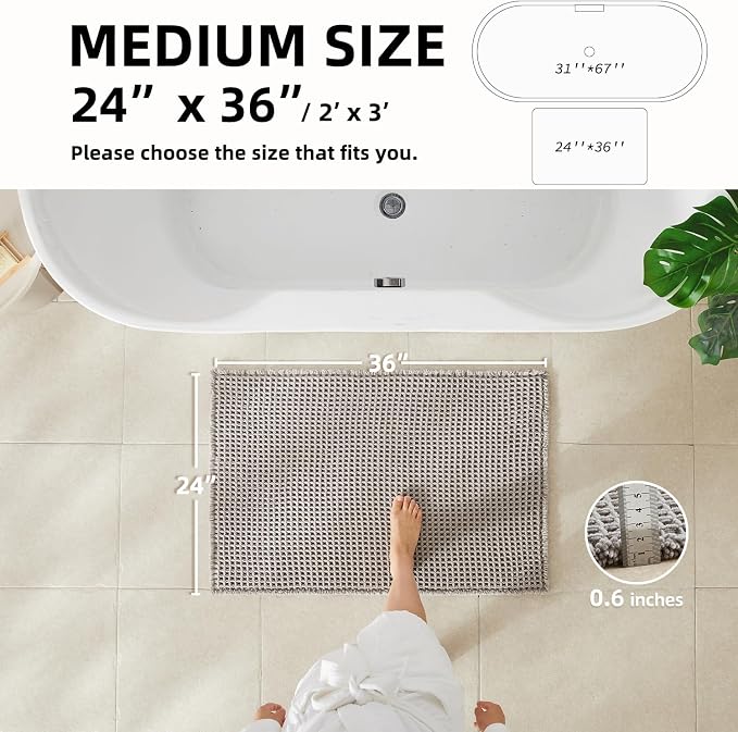 TYUU Waffle Bath Mat, Boho Bathroom Rugs Non Slip, 36x24 Light Grey | Super Absorbent Quick Dry Bath Rug, Non-Slip Backing, Soft Waffle Washable Farmhouse Bathroom Mats, Tub, Shower & Home Decor