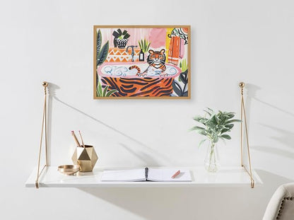 Kate and Laurel Bold Maximalist Tiger in Bubble Bath Framed Wall Art by The Creative Bunch Studio, 16x12 Gold, Cute Animal Bathroom Art for Wall