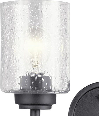 Kichler Winslow 2-Light Farmhouse Vanity Light, Black | Clear seeded glass vanity light with industrial styling (12.75" x 9.25" x 6.5"), 45885BK