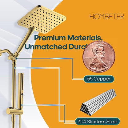 High Pressure Rain Shower Head with Handheld Combo, 10 Inch Square Rainfall Showerhead, Adjustable Slide Bar Dual Shower System, 3 Spray Modes, 59" Stainless Steel Hose, Gold