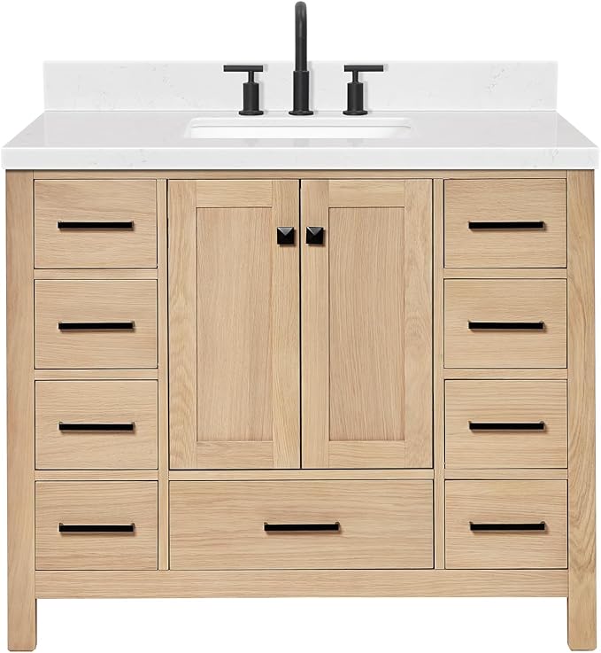 ARIEL 42 inch Bathroom Vanity top with Sink, 1.5 Inch Thick Miter Edge Carrara White Quartz top, Rectangle Single Porcelain Sink, Includes Backsplash