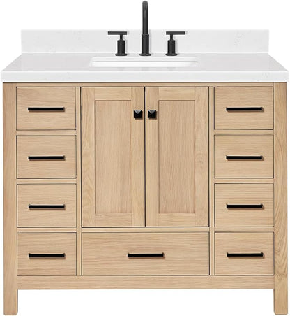 ARIEL 42 inch Bathroom Vanity top with Sink, 1.5 Inch Thick Miter Edge Carrara White Quartz top, Rectangle Single Porcelain Sink, Includes Backsplash