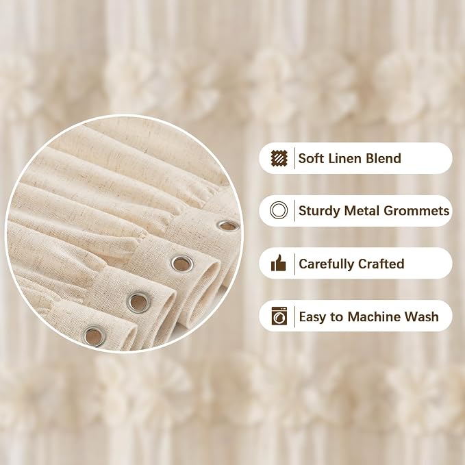 Ruffle Farmhouse Linen Shower Curtain with Vintage Bow 72" W x 72" H | Linen Blend Fabric, Ruffle Bow and Ruffled Hem，Linen Texture，Machine Washable，12 Metal Holes and Plastic Hooks