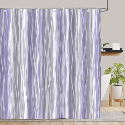 Moonslim Purple Lavender Grey Ombre Shower Curtain, Modern Wavy Abstract Striped Line Bathroom Curtain, Waterproof Fabric Bath Decor, 72 x 72 Inch