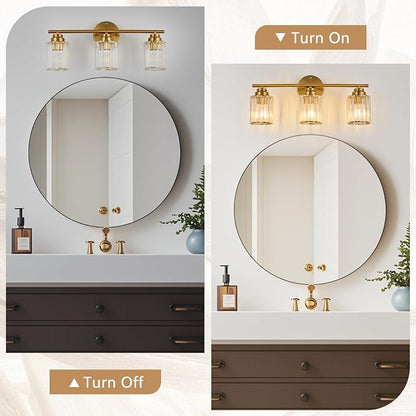 Modern 20.9" Crystal Vanity Light, 3 Light Bathroom Vanity Light, Gold Vanity Light with Clear Crystal Shades, E26 Base Wall Sconces Over Mirror for Bathroom, Bedroom, Hallway